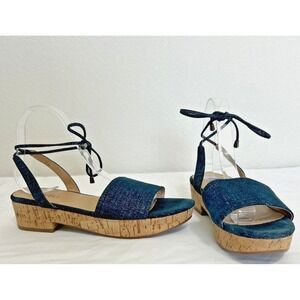 Vaneli 8 1/2‎ M Blue Glitter Cork Espadrille Wedge Sandals Open Toe Tie Ankle